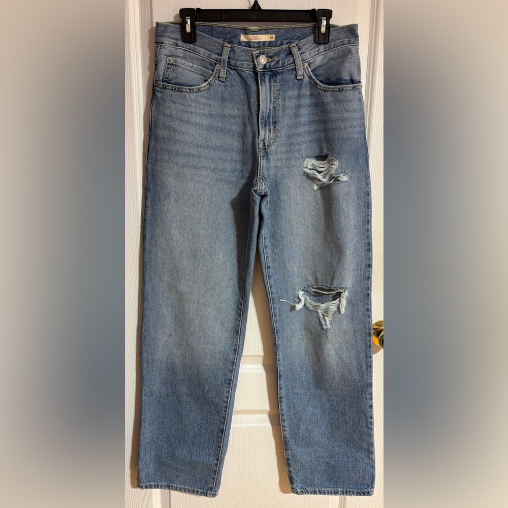 Levi’s 94 Baggy Vintage Mid Rise Straight Leg Ripped Denim Blue Jeans Size 28 - Picture 4 of 14